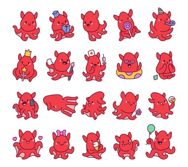 Duyguları, aksesuarları ve mezuniyet şapkası, sihirli değneği, dondurma, yüzme havuzu gibi unsurları içeren bir dizi vampir mürekkep balığı şirin kawaii. Grafik çizimleri için hemşire şapkası..