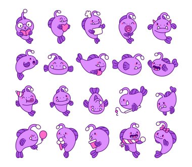 Tasarım için sevimli kawaii balıkçı balığı seti. Duygular ve elementler. Gözlükler, kalp, şef şapkası, dondurma, fular ve balon..