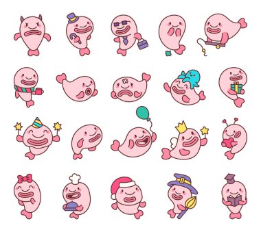 Blobfish character set with cute kawaii cartoon emotions and unique elements for marine life illustrations featuring funny and cheerful details perfect for creative and professional projects clipart