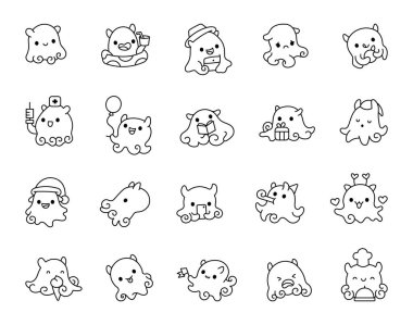 Sevimli ahtapot karakteri, kawaii karikatür dizayn Deniz hayatı duyguları için neşeli sualtı ve yaratıcı neşeli ifadeler içeren dost okyanus temalı