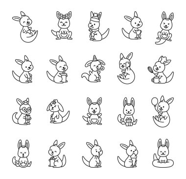 Bir dizi kanguru şirin kawaii çizgi film karakterleri çeşitli duyguları olan komik hareketleri olan sevimli objeler neşeli yaratıcı illüstrasyon ve tasarım fikirleri için komik pozlar veren