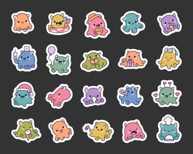 Sevimli ahtapot karakteri, kawaii karikatür dizayn Deniz hayatı duyguları için neşeli sualtı ve yaratıcı neşeli ifadeler içeren dost okyanus temalı