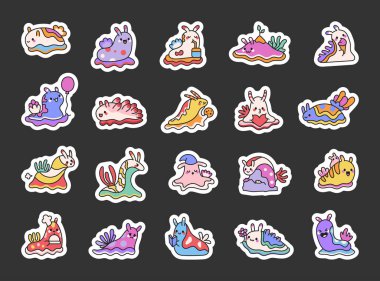 Şirin kawaii çizgi film karakterleri ile Felimare picta set komik sualtı yaratıkları duygu ve sevimli unsurlar dostça okyanus temaları veya yaratıcı tasarım fikirleri için