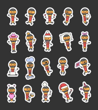 Çeşitli duyguları olan kawaii çizgi film tasarımları, sevimli şarkı temaları, neşeli yayın fikirleri ve eşsiz eğlence projeleri için dostane etkileşimler içeren mikrofon karakterleri.