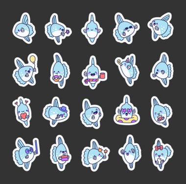 Kawaii duyguları olan güneş balığı çizgi film karakterleri, sevimli gülümsemeler, deniz nesneleri, neşeli temalar, neşeli tasarım ve yaratıcı proje fikirleri için anlamlı hayvan çizimleri.