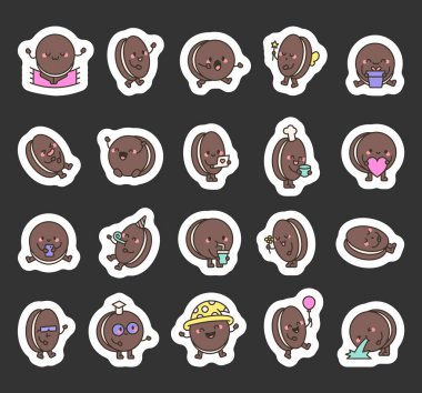 Şirin duygular ve Kawaii çizgi film karakterlerinin hareketleriyle dolu Oreo kurabiye seti. Gülümseme, uyku, selamlama, içme, kutlama, romantik, tasarım için sihirli pozlar.