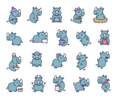 Gergedan, şapkalı çeşitli karakterleri, çekici pozları, yemekle etkileşimi, komik duyguları, neşeli anları ve yaratıcı tasarım projeleri için sevimli karikatür çizimleri sergiliyor.