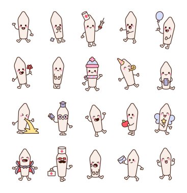 Çeşitli duygulara ve yaratıcı tıbbi illüstrasyon ve pozitif tasarım fikirleri için neşeli çizgi film tarzında benzersiz pozlara sahip fitilli sevimli kawaii karakter seti.