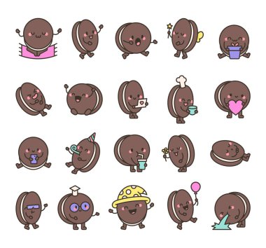 Şirin duygular ve Kawaii çizgi film karakterlerinin hareketleriyle dolu Oreo kurabiye seti. Gülümseme, uyku, selamlama, içme, kutlama, romantik, tasarım için sihirli pozlar.