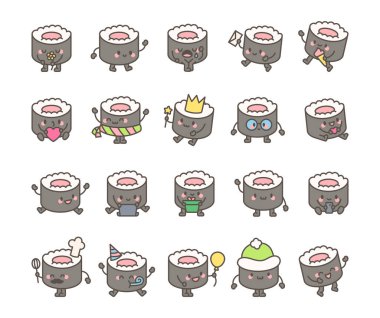 Şirin kawaii karikatür duyguları, farklı pozlar ve olumlu yemek temalı çizimler ve mutlu gülümseyen yaratıcı tasarım unsurlarıyla suşi karakteri seti.