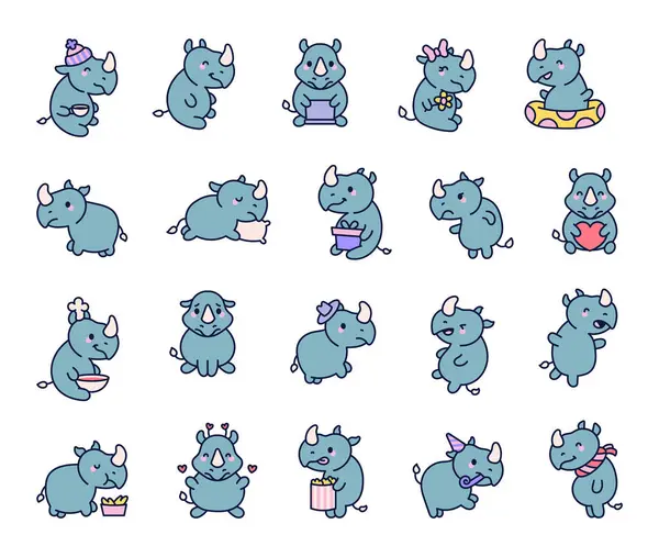 Gergedan, şapkalı çeşitli karakterleri, çekici pozları, yemekle etkileşimi, komik duyguları, neşeli anları ve yaratıcı tasarım projeleri için sevimli karikatür çizimleri sergiliyor.