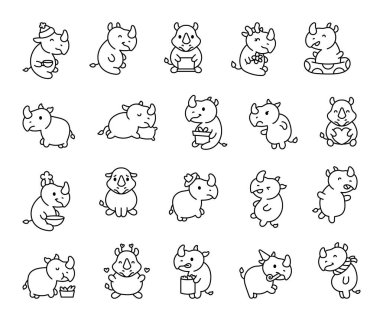 Gergedan, şapkalı çeşitli karakterleri, çekici pozları, yemekle etkileşimi, komik duyguları, neşeli anları ve yaratıcı tasarım projeleri için sevimli karikatür çizimleri sergiliyor.