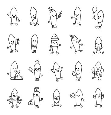 Çeşitli duygulara ve yaratıcı tıbbi illüstrasyon ve pozitif tasarım fikirleri için neşeli çizgi film tarzında benzersiz pozlara sahip fitilli sevimli kawaii karakter seti.