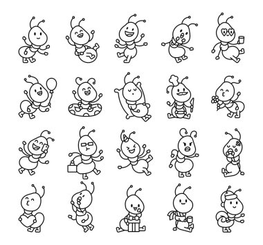 Yemek pişirmek, uyumak, selamlamak, kutlamak, öpmek, hediye tutmak, akıllı telefonlar kullanmak ve şenlikli aksesuarlar takmak dahil olmak üzere çeşitli duygu ve aktivitelere sahip bir dizi sevimli karınca karakteri.