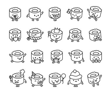 Sushi character set with cute kawaii cartoon emotions, different poses and items for positive friendly food themed illustrations and happy smiling creative design elements clipart