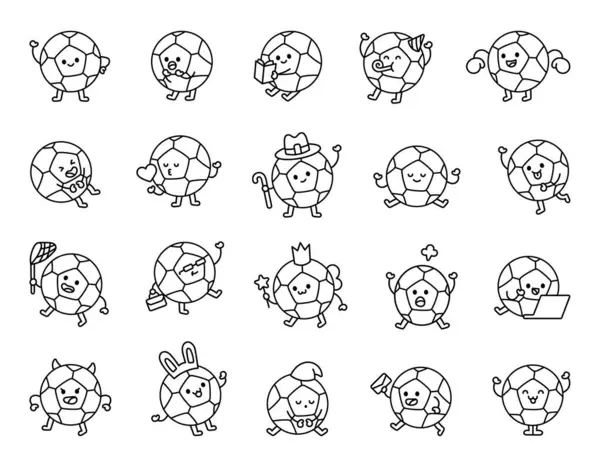 Futbol topları seti farklı duyguları olan sevimli kawaii karakterleri ve tasarımlar için nesneler ve sanat projeleri için eğlenceli pozlar ve yaratıcı ifadeler içeren eğlenceli çizimler..