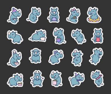 Gergedan, şapkalı çeşitli karakterleri, çekici pozları, yemekle etkileşimi, komik duyguları, neşeli anları ve yaratıcı tasarım projeleri için sevimli karikatür çizimleri sergiliyor.