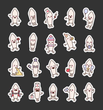 Çeşitli duygulara ve yaratıcı tıbbi illüstrasyon ve pozitif tasarım fikirleri için neşeli çizgi film tarzında benzersiz pozlara sahip fitilli sevimli kawaii karakter seti.