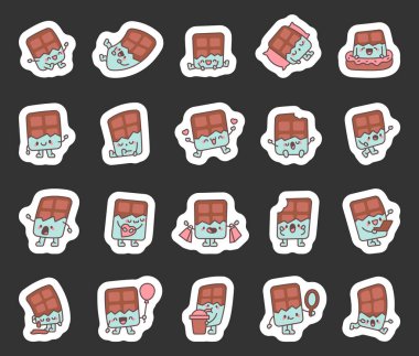 Gülümseyen duygular ve tatlı aşıkları için farklı pozlar içeren çikolata çubuğu karakteri. Kalpleri, balonu, laptopu, aynası, yemek kupası ve atıştırmalıkları var.