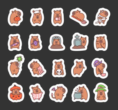 Balkabağı, iskelet, şeker, cadı şapkası, vampir, ejderha, kazan ve şenlikli dekorasyonların yer aldığı sevimli ürkütücü tasarımlarıyla Capybara cadılar bayramı çizgi film karakteri..