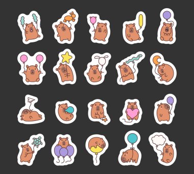 Çeşitli yaratıcı balonlar, sevimli kawaii karikatür hayvanları ve çok güzel pozlar ve şenlikli temalar içeren Capybara seti partiler, dekorasyonlar ve eğlenceli illüstrasyonlar için mükemmel..