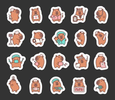 Şırınga, steteskop, termometre ve haplar gibi yaratıcı projeler için sevimli çizgi film stilleri kullanan çeşitli tıbbi rollerde kapibareli doktor ve hemşire karakterleri..