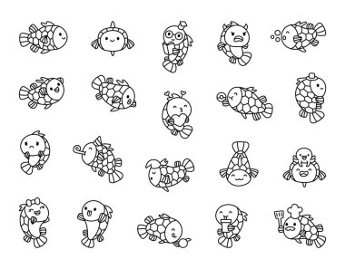 Monocentris japonica balık seti Kawaii çizgi film karakteri çizimleri ve deniz teması fikirleri için tasarlanmış çeşitli çekici duygular ve yaratıcı unsurlar sergiliyor.