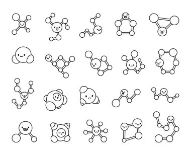 Moleküller, gülümseyen, dili açık, şaşırmış, üzgün, uyuyan ve öfkeli duyguları olan, kimya bağları, yörünge kümeleri ve küresel tasarımları olan sevimli kawaii çizgi karakterleri.
