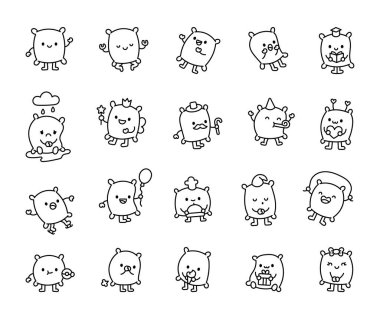 İçinde sihir, peri, parti şapkası, balon, buz pateni, hediye, çörek ve daha hoş tasarımlar bulunan kawaii çizgi film duyguları ve sevimli aksesuarları olan yastık karakter seti.