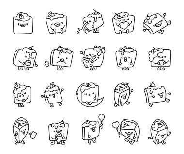 Farklı duyguları olan sevimli kawaii çizgi film karakteri seti ve yemek ve tatlı aşıkları için krem şantili, çilekli, çikolatalı, kirazlı yaratıcı tasarım çizimleri için poz