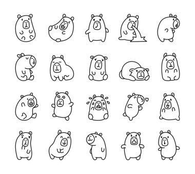 Sevimli Capybara çizimleri çeşitli duygu ve pozlar sergiliyor, sevimli kawaii çizgi film karakterleri neşe, üzüntü, merak ve daha benzersiz ve eğlenceli tasarımlar sergiliyor..