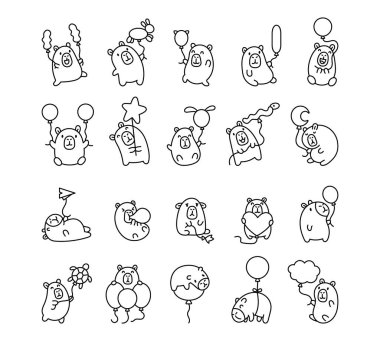 Çeşitli yaratıcı balonlar, sevimli kawaii karikatür hayvanları ve çok güzel pozlar ve şenlikli temalar içeren Capybara seti partiler, dekorasyonlar ve eğlenceli illüstrasyonlar için mükemmel..