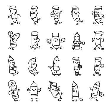 Gülümseme, yeme, içme, hediye verme ve komik ve şık öğelerle kutlama gibi çeşitli duygu ve aktiviteleri gösteren kawaii çizgi film karakterleri.