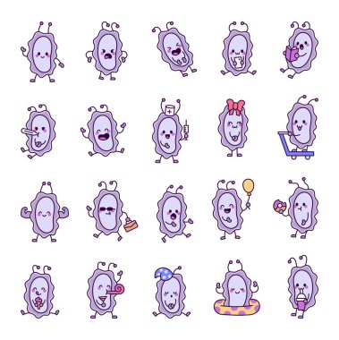 Bakteriyel mikroorganizma karakteri, komik duyguları ve hareketleri olan, gülümseyen, kızgın, şaşırmış, yemek yiyen, uyuyan, kutlayan ve tatlı kawaii çizgi film tasarımları için dinlenen bir karakter.