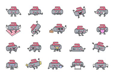 Çekici kawaii kıvrımlı taş karikatür karakterleri duygular, selamlama, dans, kalp, sihirli değnek, içecek, yaratıcı illüstrasyon ve tasarım fikirleri için dizüstü bilgisayar