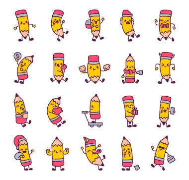 Gülümseme, yeme, içme, hediye verme ve komik ve şık öğelerle kutlama gibi çeşitli duygu ve aktiviteleri gösteren kawaii çizgi film karakterleri.