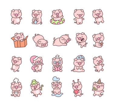Çeşitli duyguları olan sevimli kawaii domuz çizgi film karakteri, neşeli ifadeler, yaratıcı hoş pozlar, ve kutlama ve rahatlama çizimleri için hayvan temalı tasarımlar.