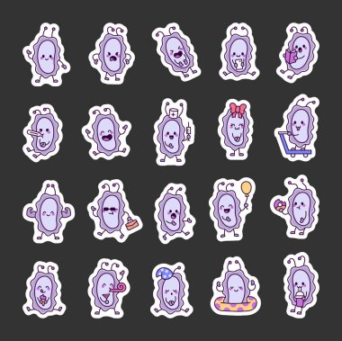 Bakteriyel mikroorganizma karakteri, komik duyguları ve hareketleri olan, gülümseyen, kızgın, şaşırmış, yemek yiyen, uyuyan, kutlayan ve tatlı kawaii çizgi film tasarımları için dinlenen bir karakter.