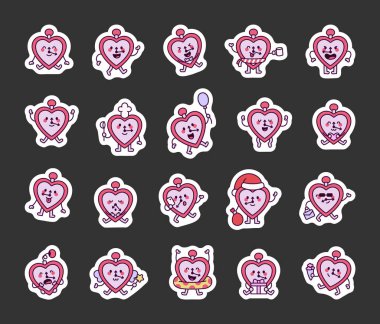 Saat kalbi, neşeli pozlar, neşeli duygular, sevgililer günü teması, sihirli değnek, yüzme yüzüğü, büyüleyici detaylar, gülen yüzler ve sevimli ifadeler içeren sevimli çizgi film karakterleri.