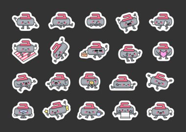 Çekici kawaii kıvrımlı taş karikatür karakterleri duygular, selamlama, dans, kalp, sihirli değnek, içecek, yaratıcı illüstrasyon ve tasarım fikirleri için dizüstü bilgisayar