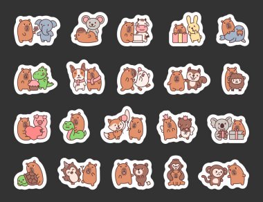 Capybara ile arkadaş canlısı set çeşitli hayvanlar içeren sevimli kawaii karakterler sarılma, dans, sevgililer günü, sihirli değneği ve neşeli yaratıcı çizimler için kanatları olan periler