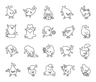 Gülümseme, selamlama, şaşırma, kutlama ve daha çok yaratıcı ve duygusal tasarımlar da dahil olmak üzere çeşitli duygu ve aktiviteleri sergileyen sevimli su damlası çizgi film karakterleri.