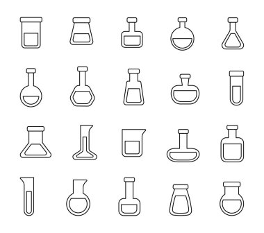 Şirin matara laboratuarının ana hatları çeşitli şekillerde Clipart çizimleri, bilimsel deneyler için nesneler ve ekipmanlar sizin yaratıcı tasarım elementleriniz için kimya araştırma laboratuvarı.