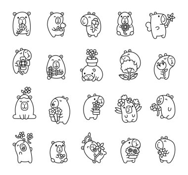 Büyüleyici kapibaralar ve çiçek seti. Sevimli gülümseyen karakterler, kawaii çizgi film tarzında desenler ve senin tasarım projelerin için desenler hazırlıyorlar.