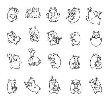 Sevimli Capybara Sevgililer Günü karakterleri. Kalpleri, kanatları, balonları, buketi ve romantik jestleri olan aşk kutlayan karakterler. Tasarım projeleriniz için neşeli ve içten anlar.