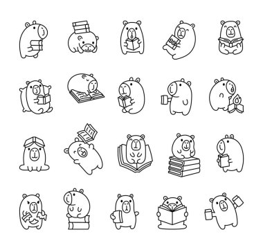 Capybara karakterleri, sevimli kawaii karikatür tarzında kitap okuyup öğrenerek sizin projeleriniz için duygusal ve büyüleyici pozlar veren eğlenceli ve rahatlatıcı aktiviteler hazırlıyorlar.