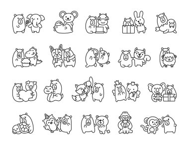 Capybara ile arkadaş canlısı set çeşitli hayvanlar içeren sevimli kawaii karakterler sarılma, dans, sevgililer günü, sihirli değneği ve neşeli yaratıcı çizimler için kanatları olan periler