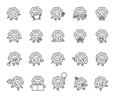 Yumuşak Taba pençeleri. Sevimli kawaii çizgi film karakterleri. Duygularını, eğlenceli hareketlerini ve yaratıcı temalarını gösteren eşsiz pozları, hediyeleri ve büyülü unsurları olan.