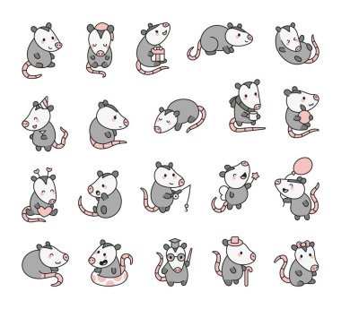 Hoş kawaii keseli keseli sıçan seti komik oturma pozları ve çocuk resimleme projeleri ve yaratıcı hayvan tasarımı fikirleri için büyüleyici çizgi film karakterleri.