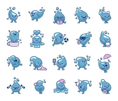 Gülümseme, selamlama, şaşırma, kutlama ve daha çok yaratıcı ve duygusal tasarımlar da dahil olmak üzere çeşitli duygu ve aktiviteleri sergileyen sevimli su damlası çizgi film karakterleri.